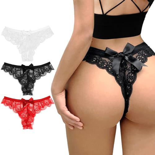 3 Pack Lace Bow Thongs Women Sexy Panties Low Waist Panties (Medium)
