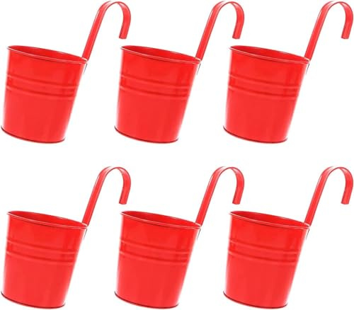 Riyashop 6er Set Rot Blumentopf hängend - Hängetopf - Pflanztopf - Übertopf - Hängeblumentopf - Blumenübertopf Zink - Ø 9/13 cm - B/H/T ca. 13 x 28 x 24 cm - mit abnehmbaren Haken