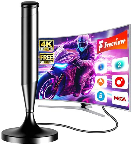 Antena de TV Interior 2025 – Antena Digital para Smart TV, Base Magnética Fuerte, Alcance de 480 Km, Compatible con 4K 1080P, Cable Coaxial de 5m, para Freeview y Canales Locales