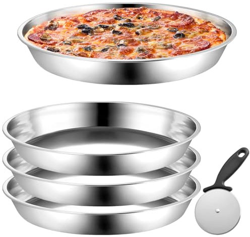 LOSYHU 4 Pcs 32CM Stainless Steel Pizza Pans with Pizza Cutter, Deep Round Baking Trays Heavy-Duty Round Oven Tray Pizza Dish for Oven, Rust Free & Dishwasher Safe