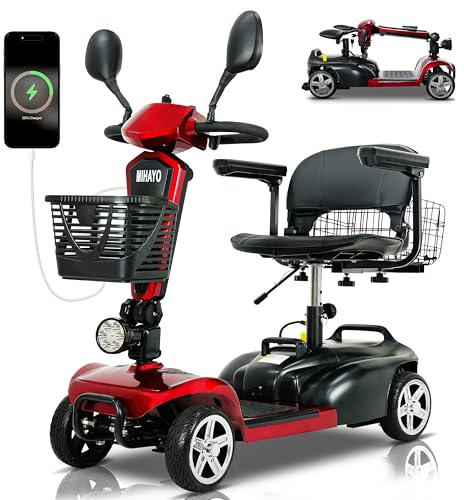 MIHAYO 4 Wheel Mobility Scooter for Seniors&Adults- 30 Miles Range, Foldable Powered Electric Wheelchair Device w/720WH Battery,Only 9 lb Weight, Dual Basket, 300 lb Capacity, Compact,Red