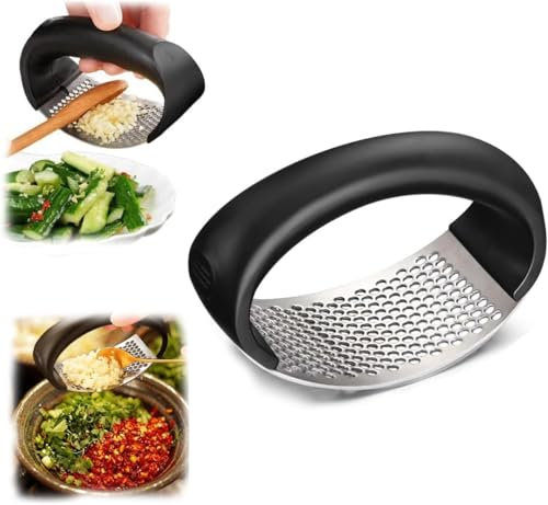 MY SOFT LIFE Stainless Steel Garlic Press, Wide Handle Garlic Press Rocker Mincer Garlic Crusher Innovative Garlic Chopper Mincer Crusher Grinder Masher (Black)