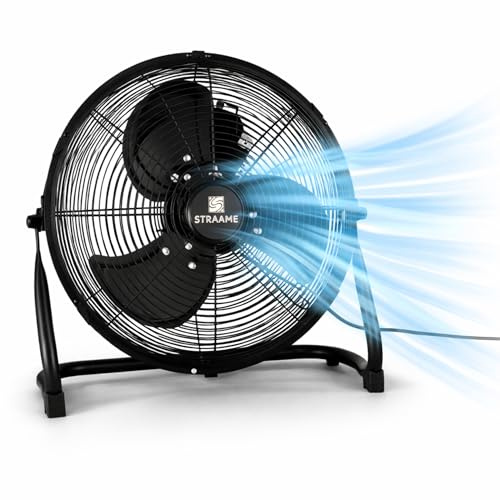 Straame Floor Fan – Quiet Portable Steel Floor Fan with 3 Speeds, High Velocity & Ad-justable Head for Bedroom, Home & Gym – 1.8m Cable (20 Inch)