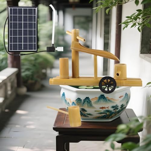 Mofgoe Fontana Solare in bambù con Pompa, Decorazioni per cascate in bambù per Esterni, Kit per Fontana da Giardino Zen per Cortile, laghetto, Giardino, Tavolo,15.7in