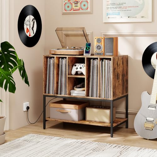 GOPLUS Meuble Vinyle avec Station de Charge, 80x45x79,5 CM, pour Jusqu’à 150 Albums, Meuble Platine Vinyle avec Support Tourne-Disque, 6 Compartiment & Cadre en Métal, pour Salon, Bureau (Industriel)