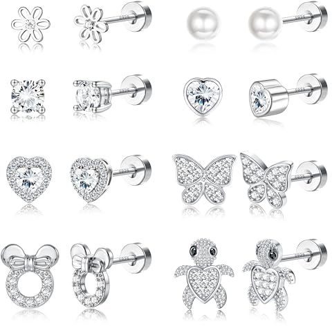 Adramata 8 Pairs 925 Sterling Silver Earrings for Girls Kids Earrings Set | Hypoallergenic Flat Back Earrings,Sterling Silver Cute Butterfly Flower Heart CZ Kids,Earrings for Girls Gold