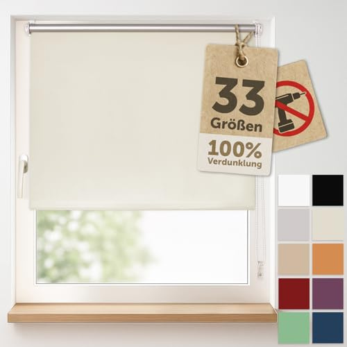 Blumtal Rollo 85x130cm occultant sans perçage - 100% obscurcissant, Thermique et Anti-UV - Store Enrouleur à Pinces, 4 Couches, Isolation Chaleur et Froid - Montage Facile -Ivory