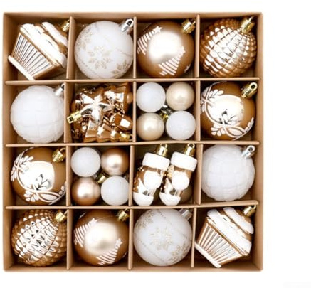 Caswynlife Set di 42 palline decorative per albero di Natale per decorazioni festive, decorazioni per la casa e per eventi per display di Natale e Halloween (dorato e bianco)