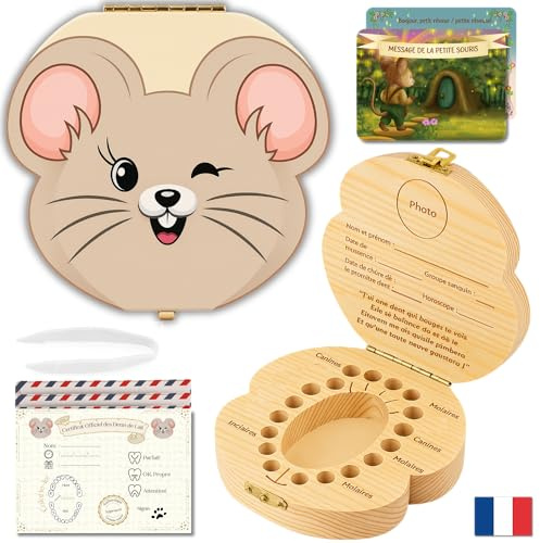 HOMYKIDS® Caja Dientes de Leche Niño y Niña [FRANCÉS] - Cajita para Dientes de Leche + [CUENTO GRATIS] - Caja Ratoncito Perez para Guardar Dientes de Leche de Madera Natural