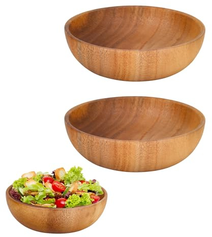 YKUKIZEE 2 PCS 16 CM Wooden Serving Bowl, Round Acacia Wooden Smoothie Bowl | for Yogurt, Cereal, Dessert, Food, Snack, Vegetables, Fruits, Salad