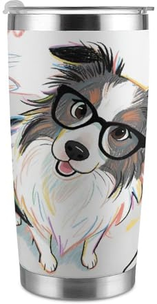 Tazza da viaggio termica da 20 once, in acciaio inossidabile, con stampa di un cane colorato con occhiali, con coperchio e cannuccia, per portabicchieri da auto, ufficio o uso esterno
