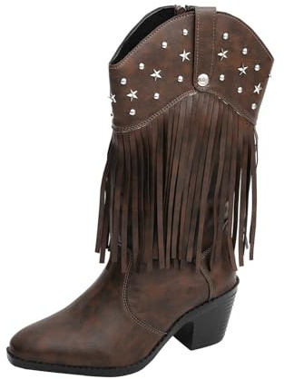 Generisch Stivali da cowboy da donna in pelle scamosciata con frange, costume da cowboy da donna per festival, stivali occidentali, stivali estivi hippie, 01 marrone., 37 EU