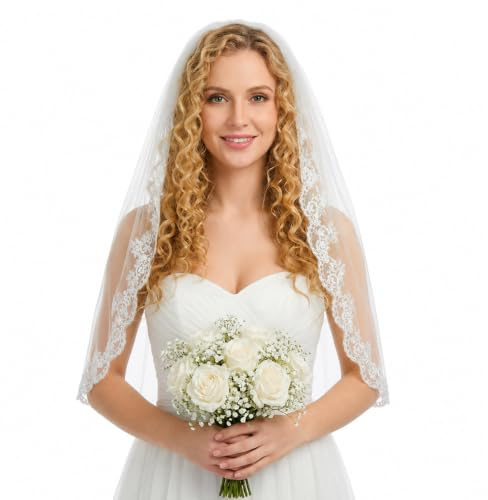 Josojoou Schleier Braut 85 Cm Weißer Tüll Brautschleier Mit Kamm Und Floralem Rand Spitze Schleier Ribbon Edge Für Jga Junggesellinnenabschied Hochzeit Brautparty Blumenmädchen（2）