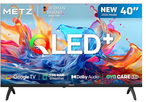 Metz 40 Pollici Smart TV con Google TV Televisore LED, Gen 6 QLED +, HDR 10 Dolby Audio Bluetooth 5,1 EyeCare DVB-T/T2/C/S/S2 CI+ HEVC Main10, 1.5GB RAM Upgrade (40MQH7000Y, 2026 Nuovo Modello)