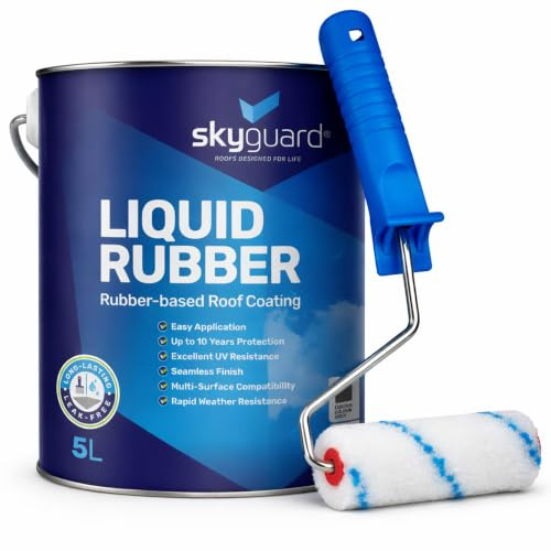 Skyguard Liquid Rubber Roof Coating | Waterproof Roof Sealant | 5L Grey | One Coat Waterproof Roof Repair for GRP, Felt, Concrete and Metal Roofs & Gutters. UV Resistant. Roller Included.