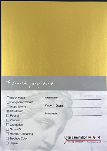 50 Blatt DIN A4 gold farbiges Papier bedruckbar 120g/m² komplett durchgefärbt, für Einladungen, Einlegeblätter für Alben, Hochzeitskarten, Fotoalbum, Bastelarbeiten