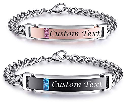 NEHZUS Pulseras de acero inoxidable letras de nombre personalizadas grabadas para parejas, pulsera de aniversario para hombres y mujeres