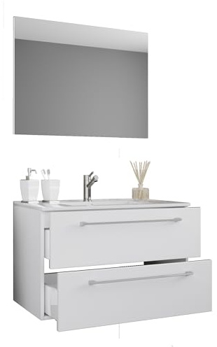 VCM 3-TLG. Waschplatz Waschtisch | Waschbecken Unterschrank Breite 80 cm | Badmöbel Set hängend mit Zwei Schubladen Spiegel | Badinos
