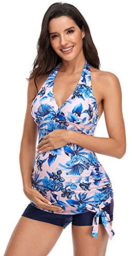 SEDEX Traje de Baño Maternidad Estampado Flores Verano Embarazo Halter Tankini Top con Pantalones de Bikini Bañador Embarazadas de Dos Piezas de Playa Traje de Baño(Rosa,L)