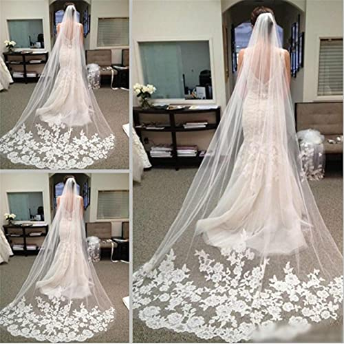 ABWYB Kathedrale Hochzeitsschleier Lange Brautschleier Eine Ebene Pailletten Spitze Applikationen Edge Prinzessin Tüll mit Kamm Kopfschmuck Mode Hochzeit Zubehör für Fotostudio,Weiß,5 m