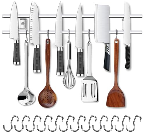 YIIYIIN 24-Inch Magnetic Knife Holder for Wall – 304 Stainless Steel Knife Strip with 12 Hooks – Magnetic Knife & Utensil Rack