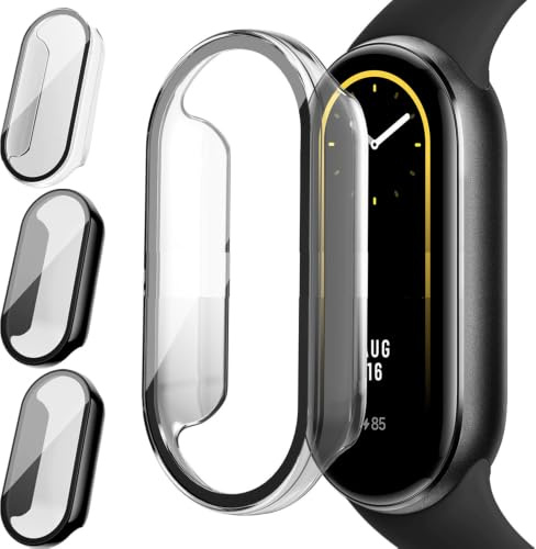 Acadeny 3 Piezas Estuche protector de pantalla de vidrio templado compatible con xiaomi band 10, dureza 9H 360 ° 360 grados Carcasa protectora- 2black+transparente