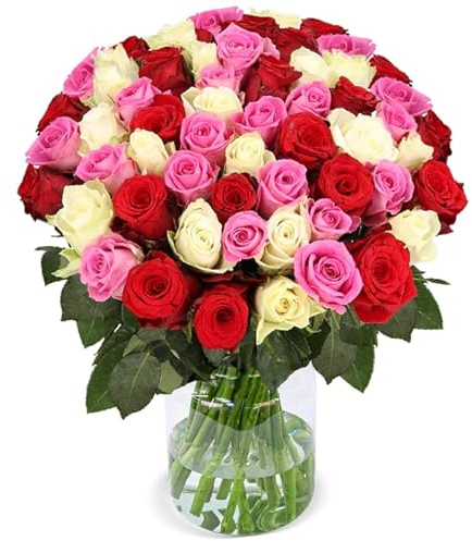 Blumenstrauß “Love Loud”, Rosenstrauß mit 50 roten, pinken und weißen Rosen, ⌀ 40-50cm, 7-Tage-Frischegarantie, Qualität vom Floristen, Ideales Blumengeschenk, Schneller Blumenversand