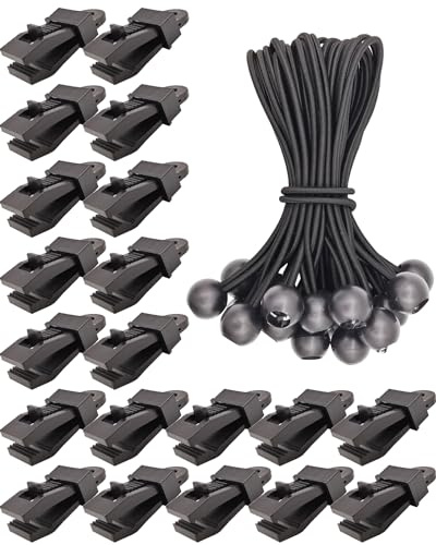 WMZOBH 20 Stück Planenclips + 20 Stück Spanngummis mit Kugel 15cm, Zeltplane Clips Planenbefestigung, Planenspanner Tarp Clips Set für Zelt Camping Vorzelt