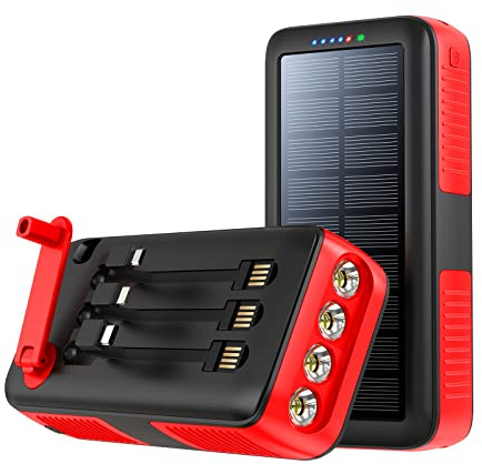 boogostore Solar Charger Power Bank 63200mAh, Portable Charger with Dual Outputs & Dual Inputs 4 LEDs Flashlight, Hand Crank Power Bank Fast Charging Battery Pack for Outdoor Camping Survival Gear