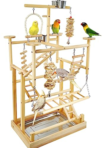 LIMIO Vogelspielplatz – Naturholz Papageien-Spielständer mit Sitzstangen, Vogelspielstudio & Zubehör, herausnehmbares Tablett & 4 Edelstahlbecher