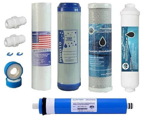 ERSATZFILTER SET Umkehrosmose Anlage 5 Stufen mit 100 GPD Membran Wasserfilter System mit Adapter 3x Vorfilter 1x Aktivkohle Nachfilter und eine Osmose Membrane