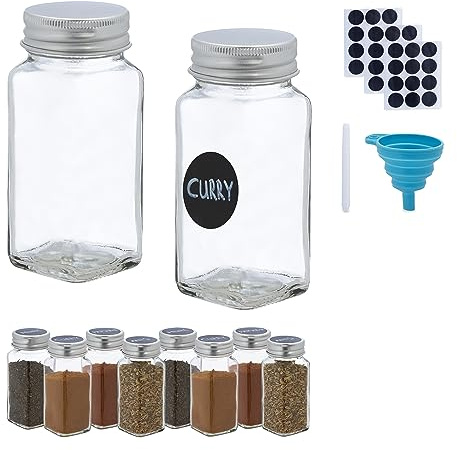 Relaxdays Bocaux à épices, Set de 10 saupoudreuses, en Verre, 120 ML, étiquettes, Stylo & Entonnoir Inclus, Transparent
