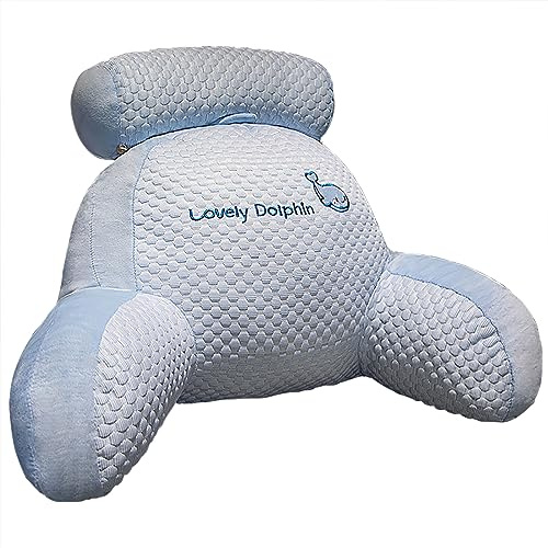 HYueaph Reading Pillow - Bed Rest Pillow with Arms & Detachable Neck Roll Animal Cartoon Reading Pillow Back Support Cushion for Relaxing, Reading, and Watching TV, Dolphin-L