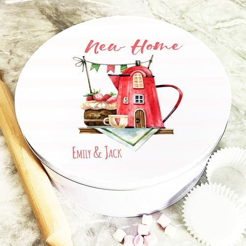 Round Red Teapot New Home Personalised Cake Tin Personalised Gift | Custom Gift | Personalized Tin | Cake, Biscuit & Treat Tins | Gift For Her | Gift For Him