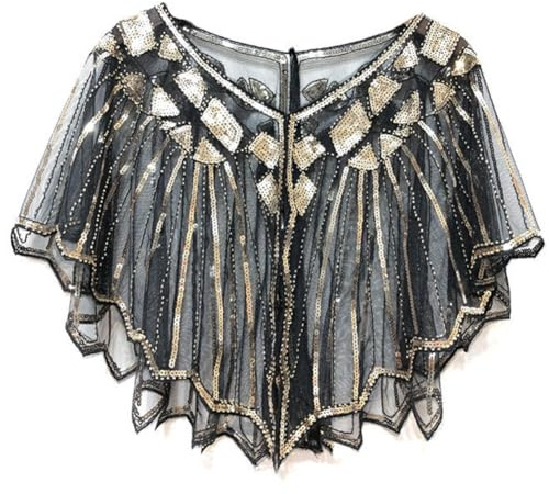 Wisafory Damen Umschlagtücher 20er Jahre Retro Schal Wraps Pailletten Stola Spitze Braut Schal Abendcape Schulter Bedeckung für Brautkleid Hochzeit Gatsby Kostüm Accessoires Schwarz Gold