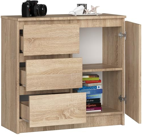 BDW - Kommode mit 3 Schubladen und 1 Tür - 80 cm breit, 77 cm hoch - Schrank, Sideboard, Mehrzweck-, Schuhschrank, Schubladenkommode, Aktenschrank - Wohn-, Schlafzimmer, Flur - Eiche Sonoma