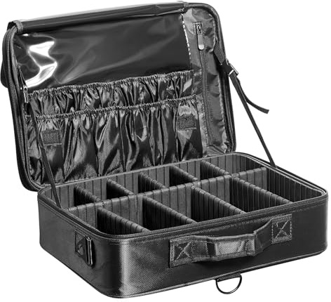 VEVOR Borsa per Trucco Portatile 3 Livelli per Barbiere, Valigia Portatile da Viaggio 460 x 300 x 125 mm per Estetista Parrucchiere, Borsa per Trucco Professionale Tessuto in Oxford Impermeabile Nero