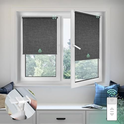 Yoolax Elektrische Rollos mit Motor& Fernbedienung, Klemmfix Rollos für Fenster Ohne/Mit Bohren,Smart Rollo Nach Maß(100% Verdunkelung Stoff Dunkelgrau)