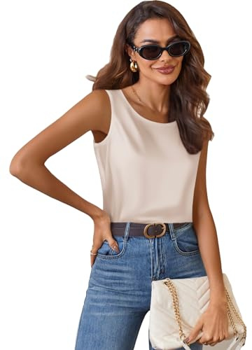 Zeagoo Top in Raso da Donna Elegante Canotta di Seta Basic Blusa con Scollo Rotondo Top Casual Senza Maniche Champagne XXL