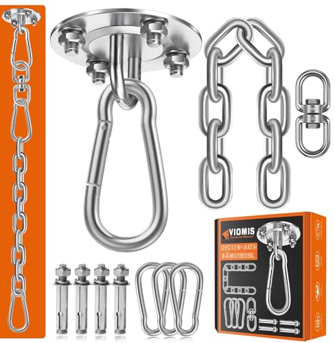 Viomis Deckenhaken für Hängesessel, 360° Drehbare Hängesessel Aufhängung | Hohe Tragfähigkeit, Rostfreier Edelstahl, Aufhängung Hängesessel Set mit 30cm Kette und 3 Karabinern