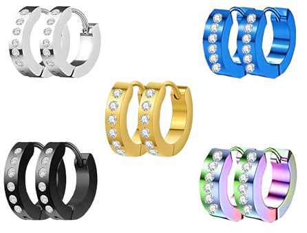 HinDaLi 5 par små creoler för män, diamantörhängen för kvinnor, örhängen för män, örhängen i guld och rostfritt stål, kreoler för kvinnor, silverörhängen för flickor, svarta