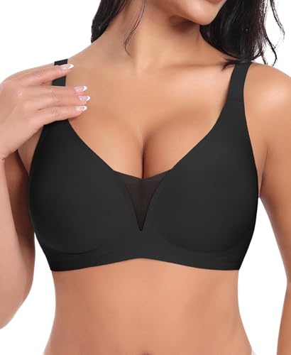 Ganado Soutien Gorge sans Armature Femme Brassière Push up Dentelle Col en V Profond Brassiere Classiques Bralette sans Coutures Coton, Noir, M