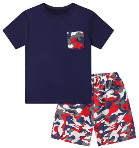 Momkonzz Set di vestiti per ragazzi Tween Camo Shorts Set Bambini Maglietta a maniche corte + pantaloncini Set di abbigliamento per adolescenti Blu 13-14 anni