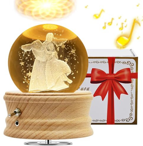 Caja de Música con Bola de Cristal 3D, Caja de Música Giratoria 360° Luminosa con Proyección de luz y Base de Madera para Niños, Esposas, Madres, Regalo Decorativo Creativo(Ángel Madre e Hija)