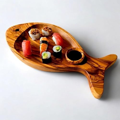Bandeja de madera de olivo hecha a mano con forma de pescado | Tabla de cortar decorativa única para cocina y comedor | Bandeja de madera ecológica y duradera para servir aperitivos, queso y sushi (35