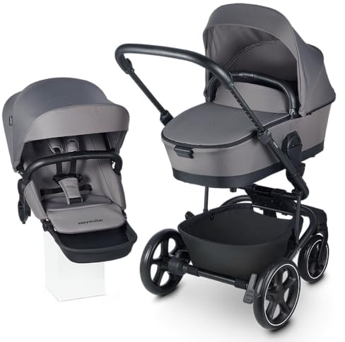 Easywalker Harvey5 Kinderwagen, 0-22 kg, Leicht zu falten, Ideal für 2 Kinder, In 3 Positionen verstellbar, Sicherer 5 -Punkt -Gurt, Autositz kompatibel - Kieselgrau