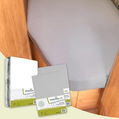Dexitex - Spannbettlaken Wohnmobil 3er Set - 2 Spannbettlaken Grau + 1 Molton Matratzenschoner Links (130-160cm x 200cm)- Französische Bettwäsche - für Wohnwagen Bett -