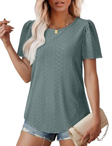 Aokosor Womens Tops Ladies Eyelet Embroidery Blouse Casual Crewneck Short Sleeve Tops for Women UK 2026 Green Size 10-12