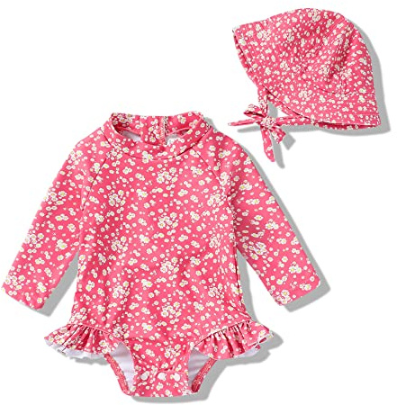 Infant Baby Girl Swimsuit One-Piece Long Sleeve Rash Guard with Hat Set Floral Zipper Bathing Suit Leopard Beach Wear