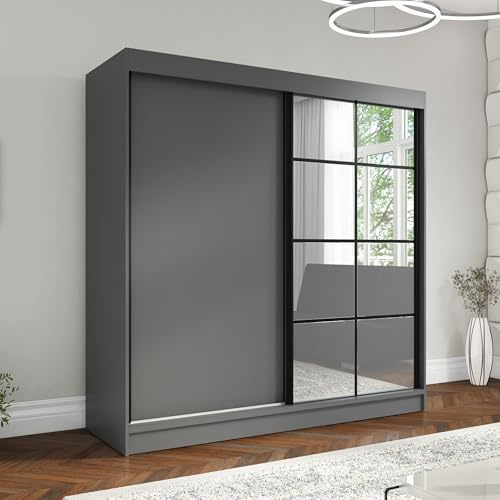 A&J MöbelLand Schwebetürenschrank TAVIRO Kleiderschrank 2-türig mit Schubladen und Spiegel, Garderobe 200 cm (Graphit)